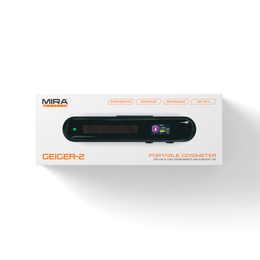 Top boxed view of Geiger-2 Dosimeter / Geiger Counter / Radiation Detector showing device highlights, such as the solar panel, shockproof, water-resistant, and accuracy.