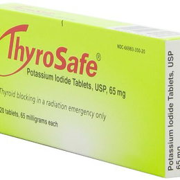 Thyrosafe KI potassium iodide tablets packaging three quarter view with batch number and expiration date