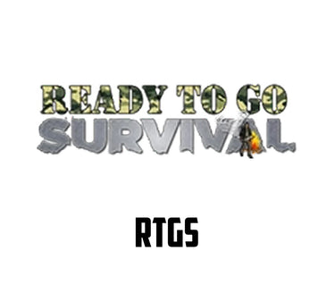 Logo with 'Ready to Go Survival' text and a person holding a gun on a white background