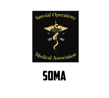 Logo of the Special Operations Medical Association (SOMA) with a snake and crossbones design on a black background.
