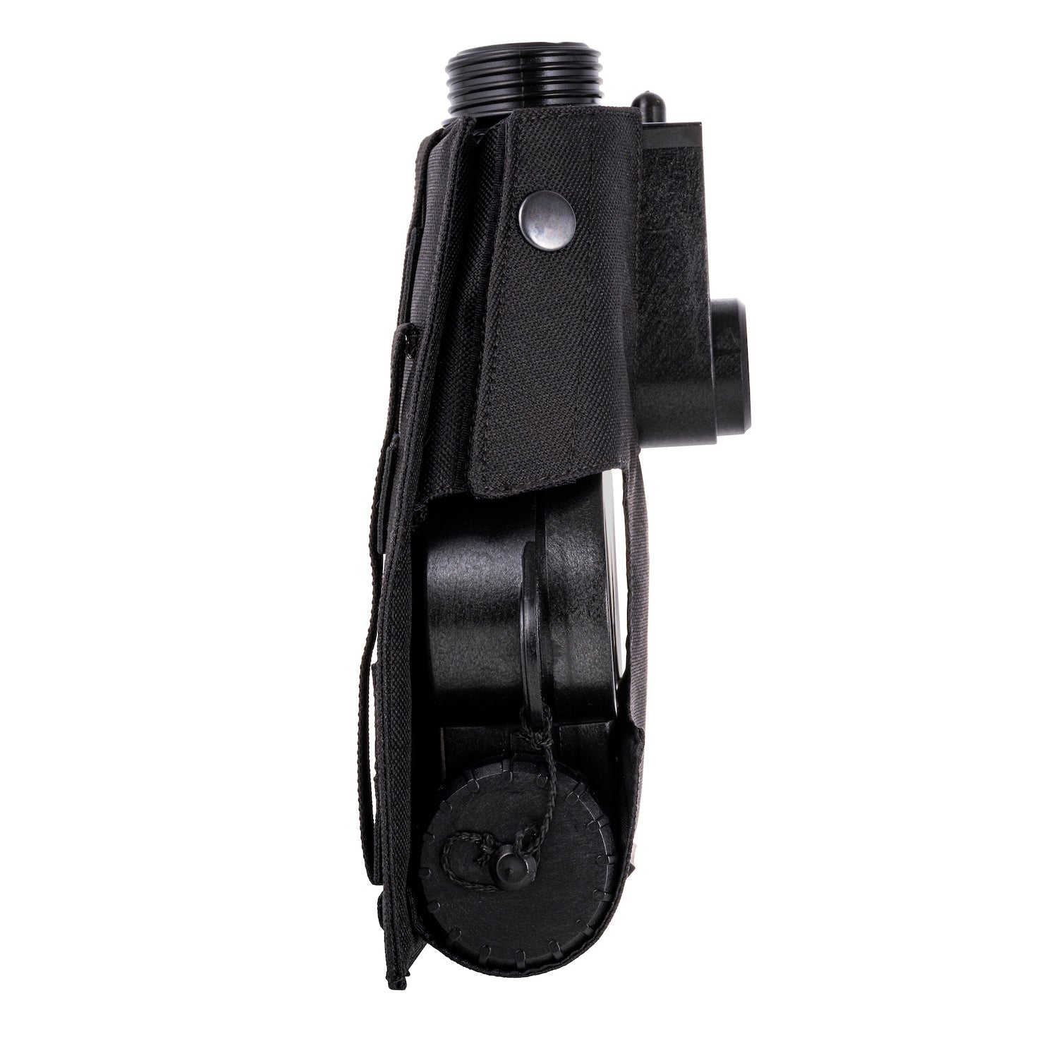 Left side view of the MIRA Safety MB-90 PAPR MOLLE Pouch, with a PAPR installed, in black, no filters