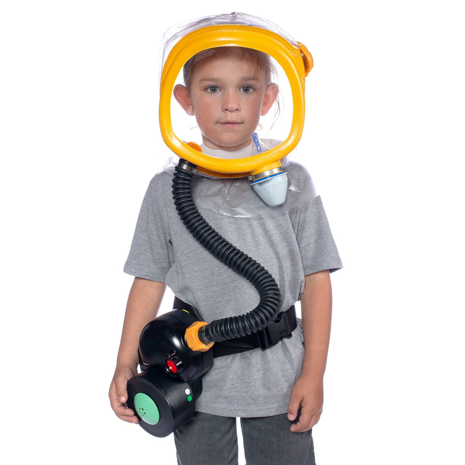 Child wearing the MD-2 Kid's Gas Mask with a PAPR system strapped to his hip