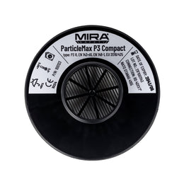 Top down, center view of the Particle Max Compact Filter, the label is seen.