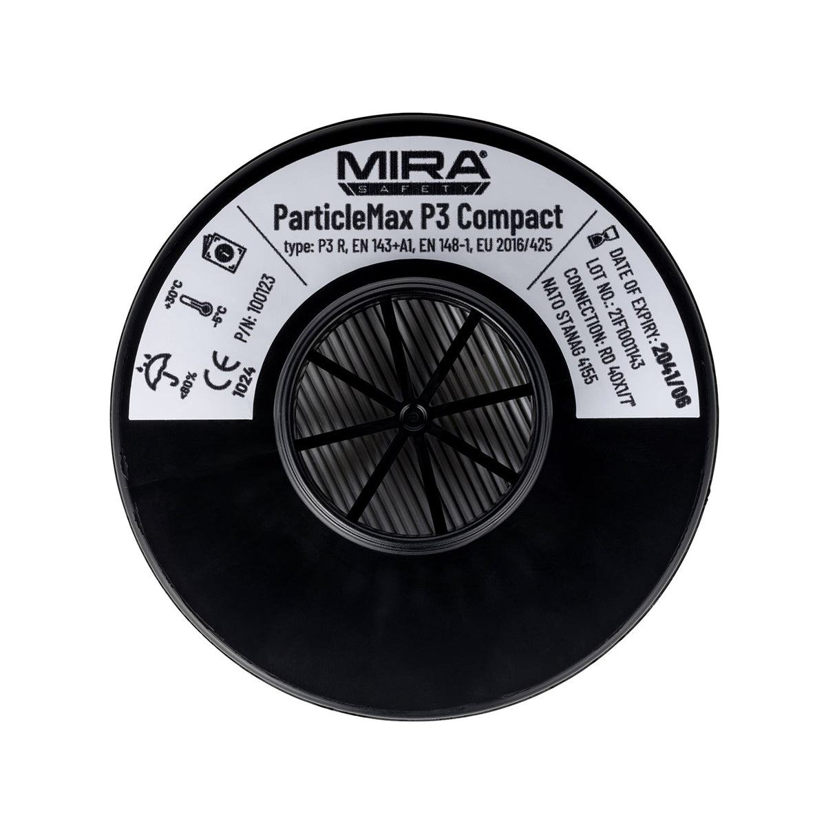 Top down, center view of the Particle Max Compact Filter, the label is seen.
