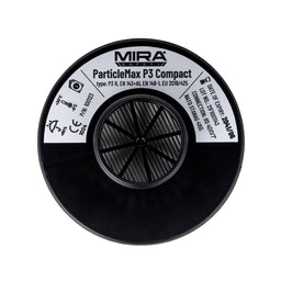 Top down, center view of the Particle Max Compact Filter, the label is seen.