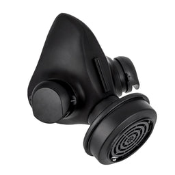 3/4 side shot of the TAPR mask with a ParticleMax Compact Filter attached.