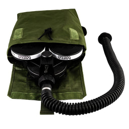 MIRA Safety powered air purify respirator (PAPR) inside of pouch, top view